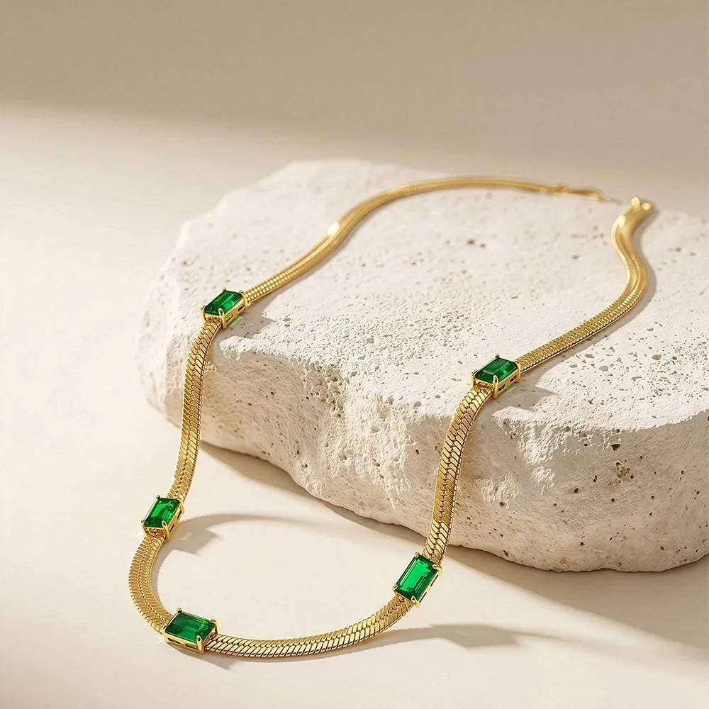 Evelis Emerald Baguette Station Snake Chain Necklace | Waterproof 18k Gold