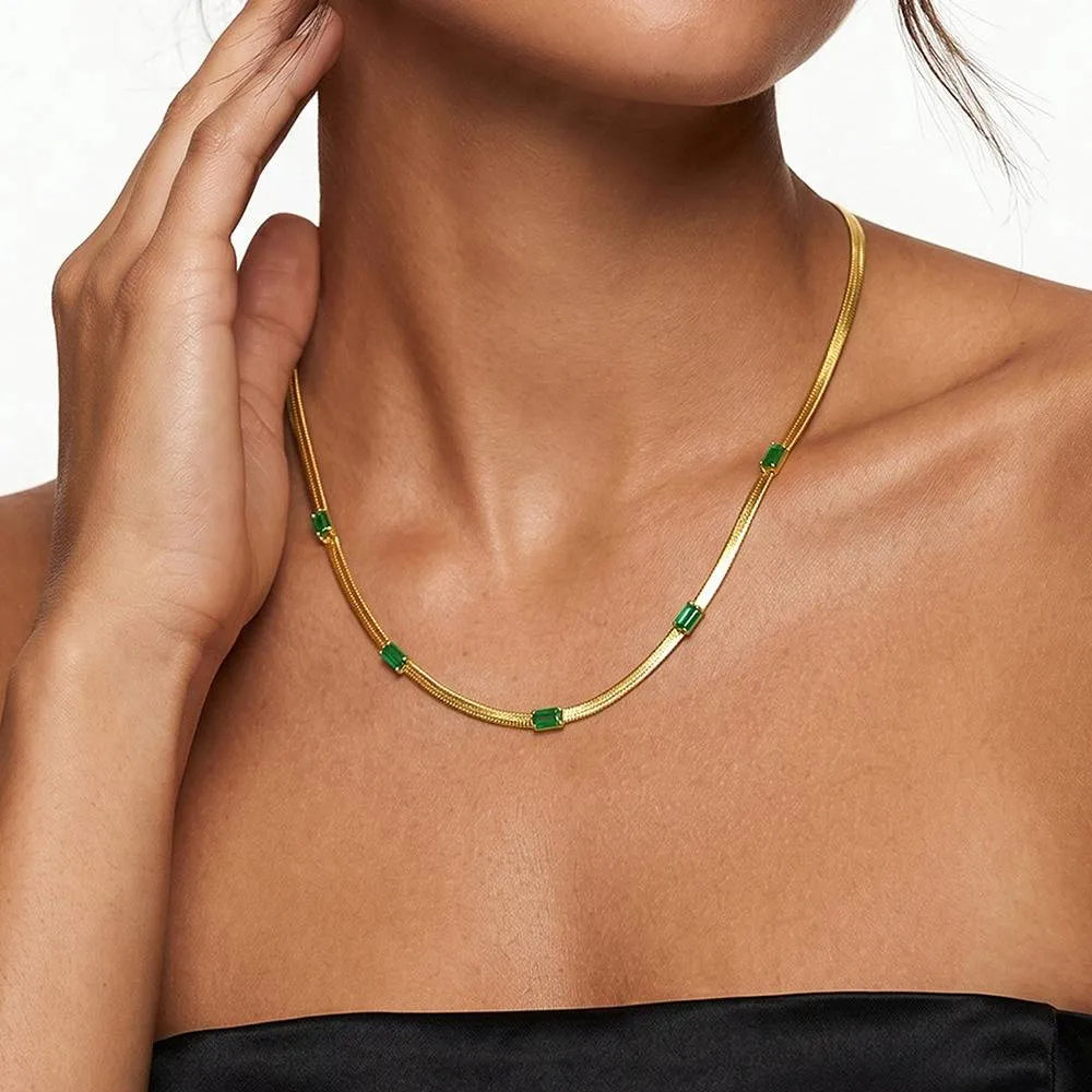 Evelis Emerald Baguette Station Snake Chain Necklace | Waterproof 18k Gold
