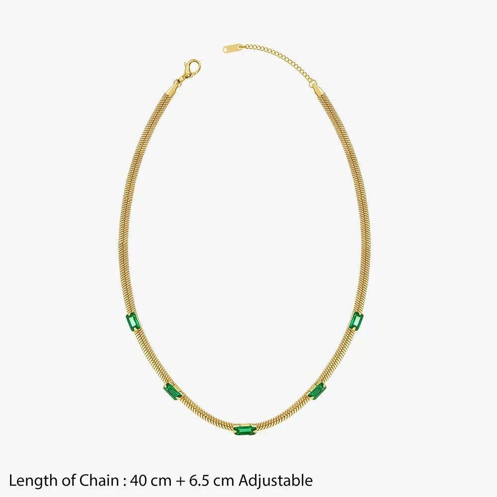 Evelis Emerald Baguette Station Snake Chain Necklace | Waterproof 18k Gold