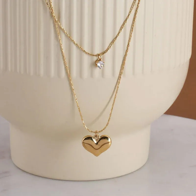 Brynn Crystal Heart Double Chain Necklace | Waterproof 18k Gold