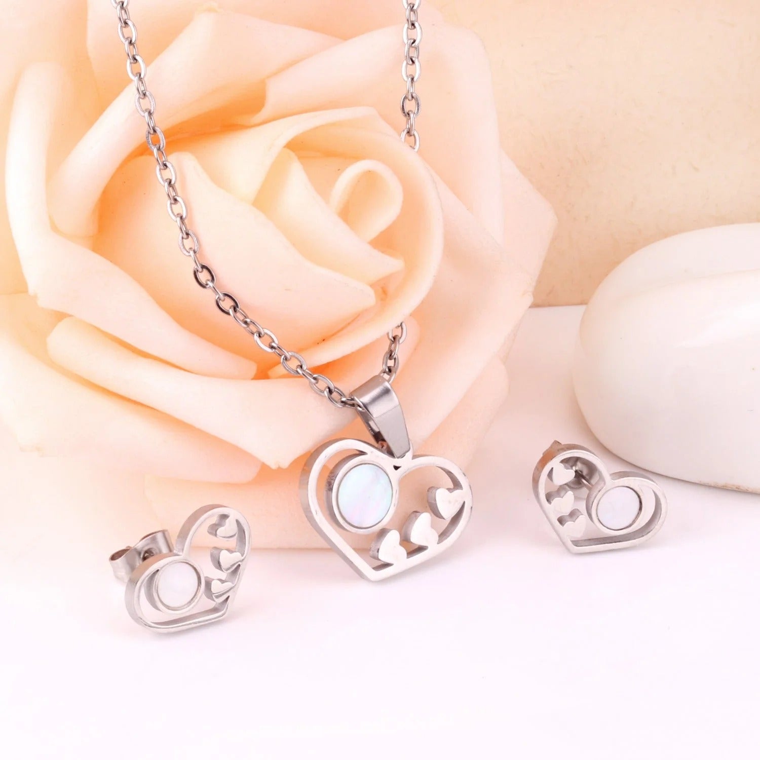 Naome Luminous Pearl Inset Heart Set | Buy Set or Individual