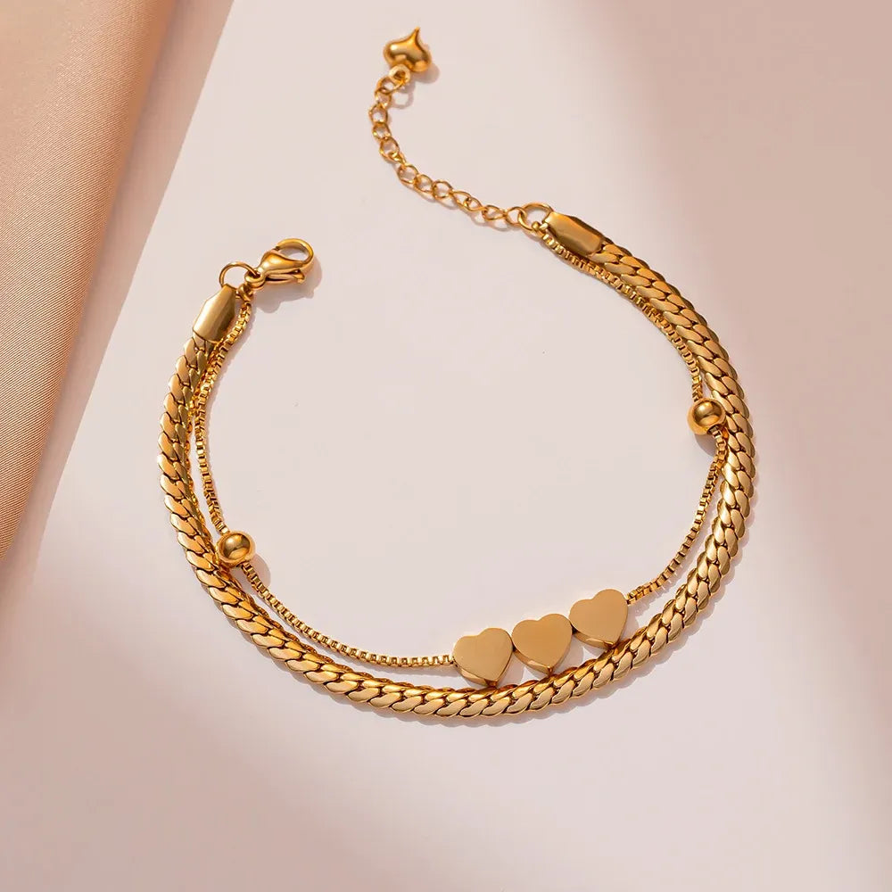 Bayla Heart Trio Double Chain Bracelet | Waterproof 18k Gold