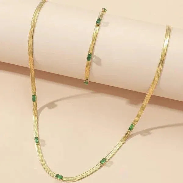Evelis Emerald Baguette Station Snake Chain Necklace | Waterproof 18k Gold