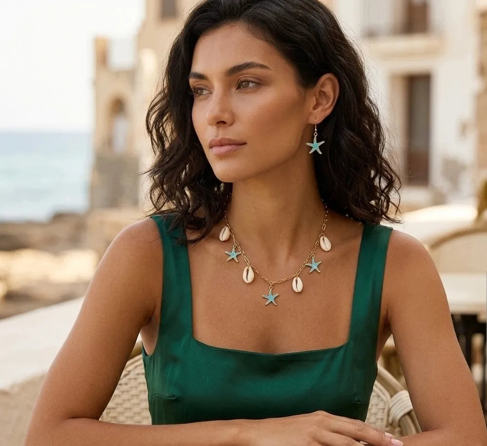 Elenora Turquoise Starfish & Shell Charm Necklace | Waterproof 18k Gold