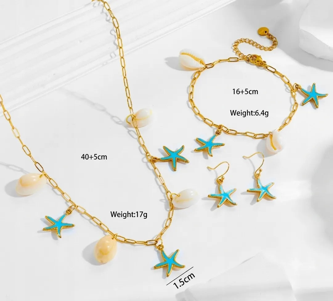 Elenora Turquoise Starfish & Shell Charm Necklace | Waterproof 18k Gold