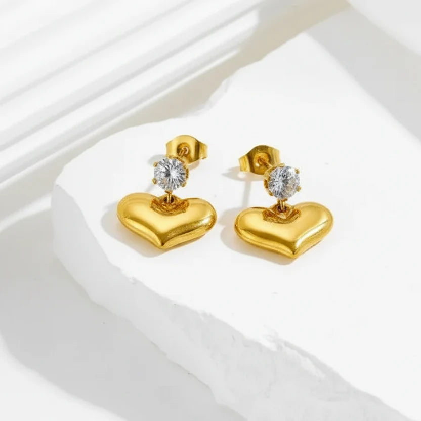 Brynn Crystal Heart Stud Earrings| Waterproof 18k Gold
