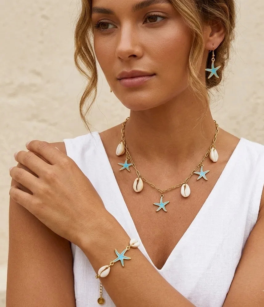 Elenora Turquoise Starfish & Shell Charm Necklace | Waterproof 18k Gold