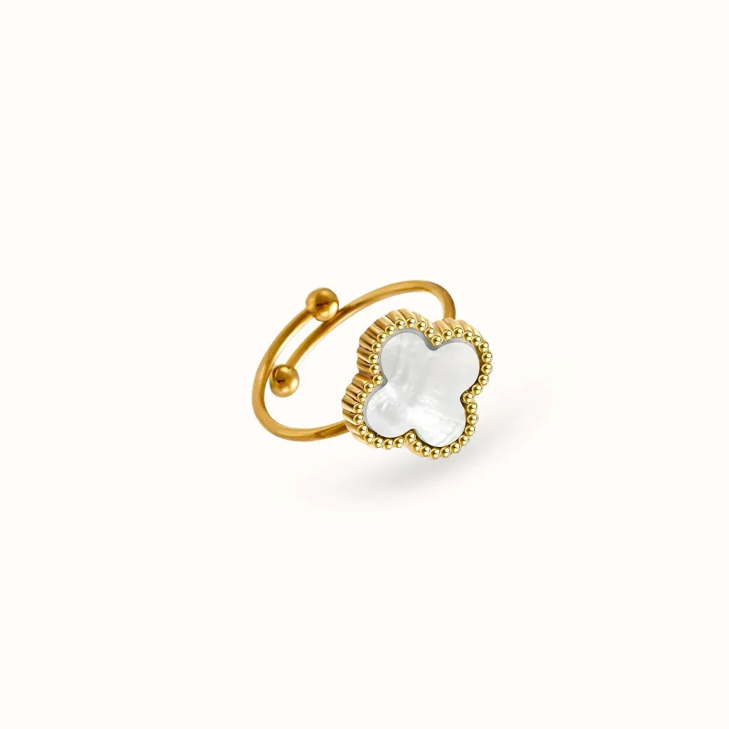 Alora Four-Leaf White Clover Adjustable Ring | Waterproof 18k Gold