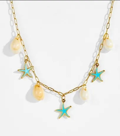 Elenora Turquoise Starfish & Shell Charm Necklace | Waterproof 18k Gold