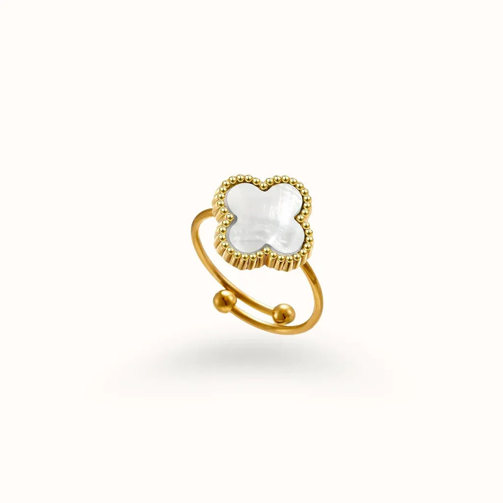 Alora Four-Leaf White Clover Adjustable Ring | Waterproof 18k Gold