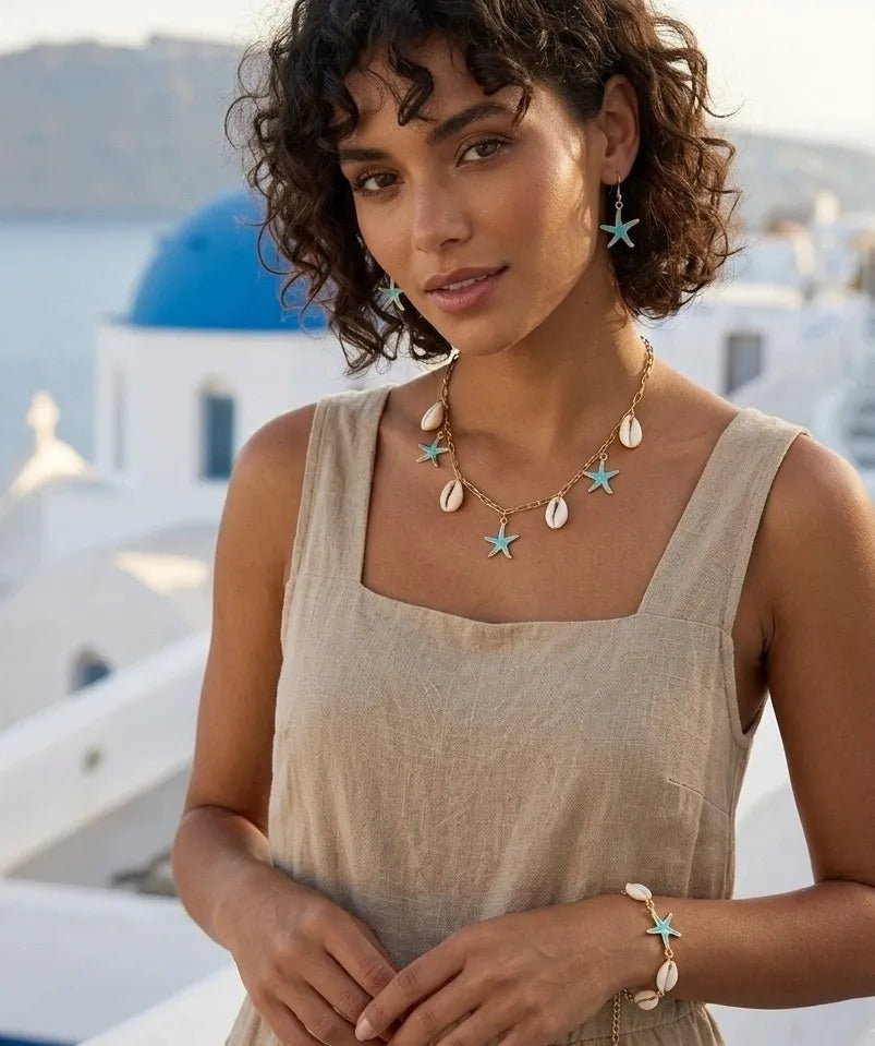 Elenora Turquoise Starfish & Shell Charm Necklace | Waterproof 18k Gold