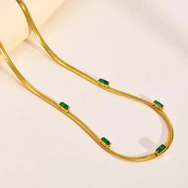 Evelis Emerald Baguette Station Snake Chain Necklace | Waterproof 18k Gold