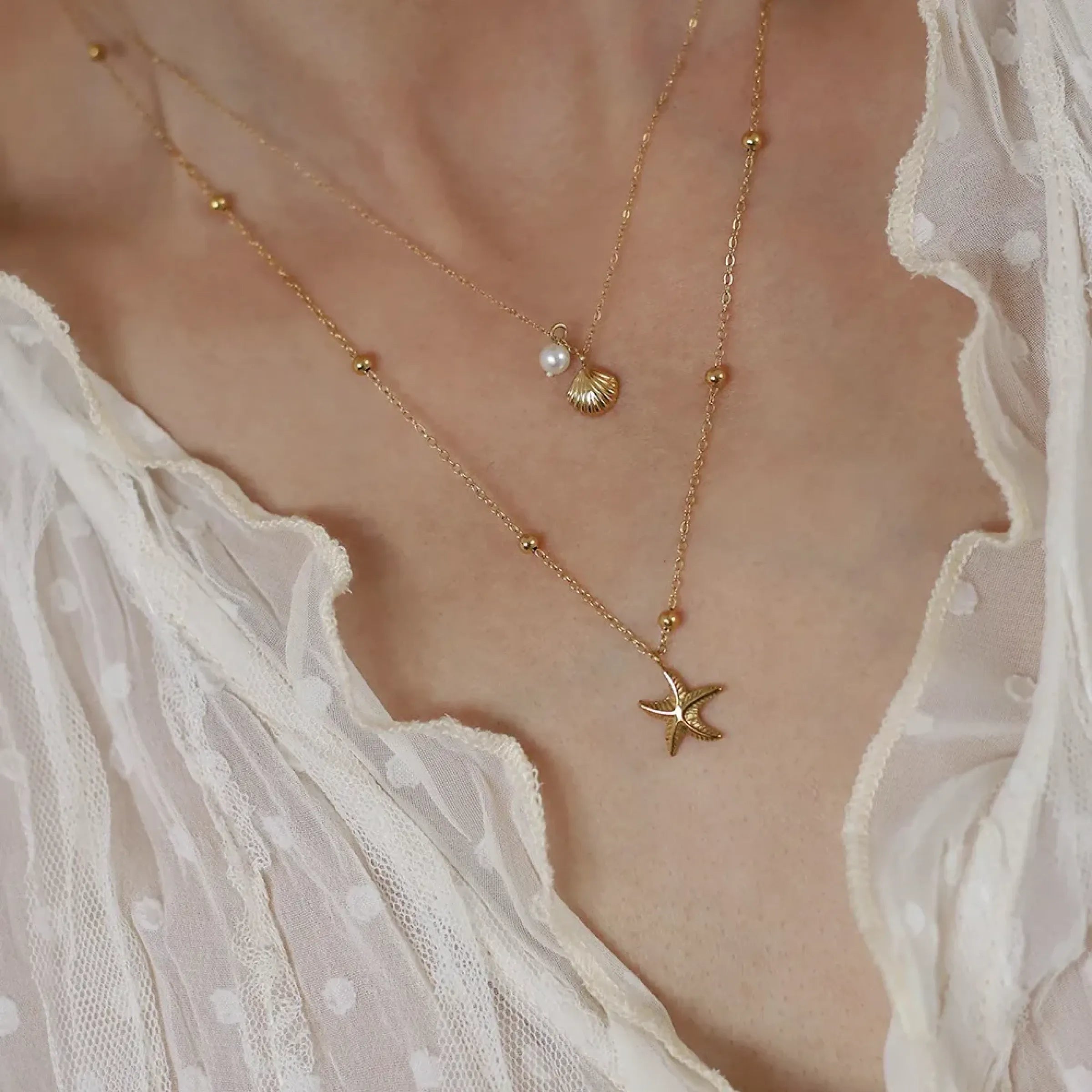 Evera Starfish Shell Double Layer Necklace | Waterproof 18k Gold
