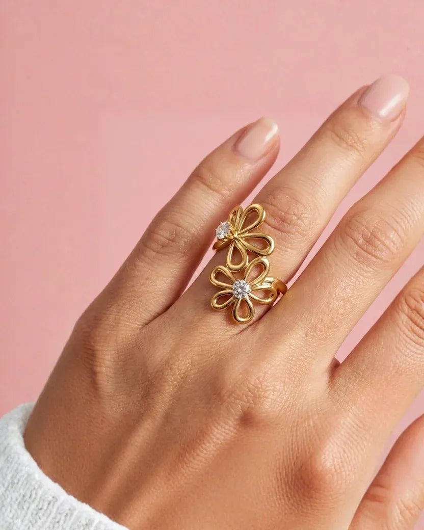 Cyra CZ Flower Adjustable Ring | Waterproof 18k Gold
