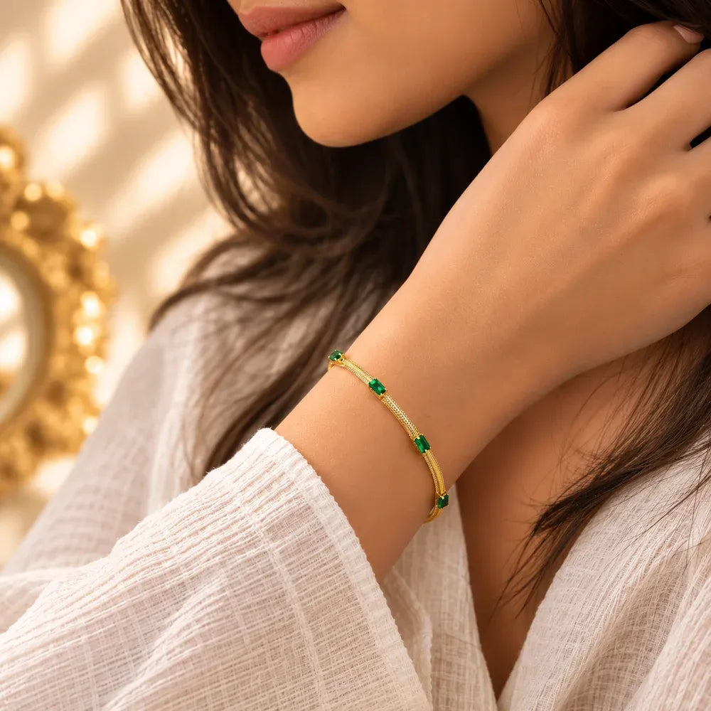 Evelis Emerald Baguette Station Snake Chain Bracelet | Waterproof 18k Gold