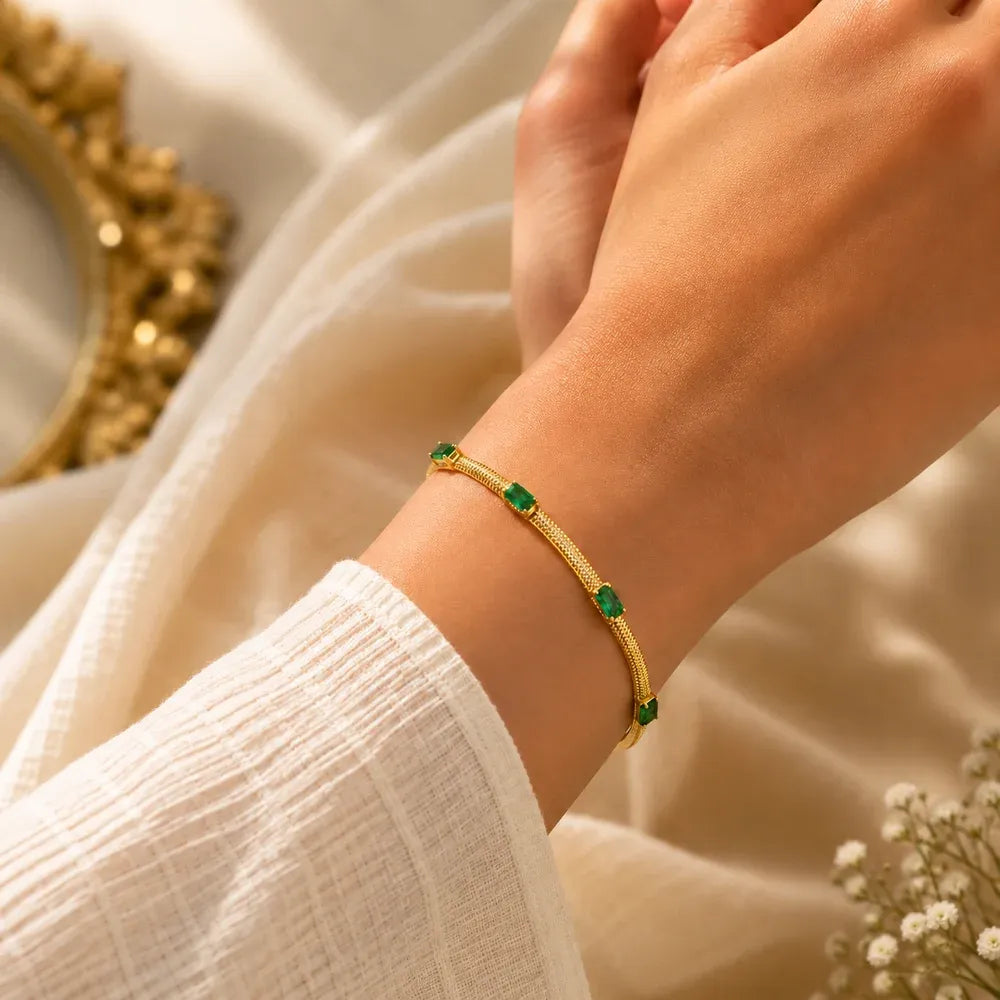 Evelis Emerald Baguette Station Snake Chain Bracelet | Waterproof 18k Gold
