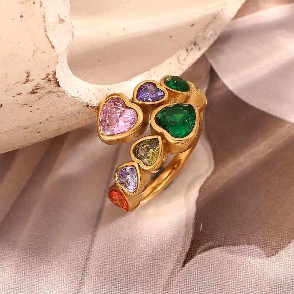 Ariana Rainbow Hearts Wrap Adjustable Ring | Waterproof 18k Gold