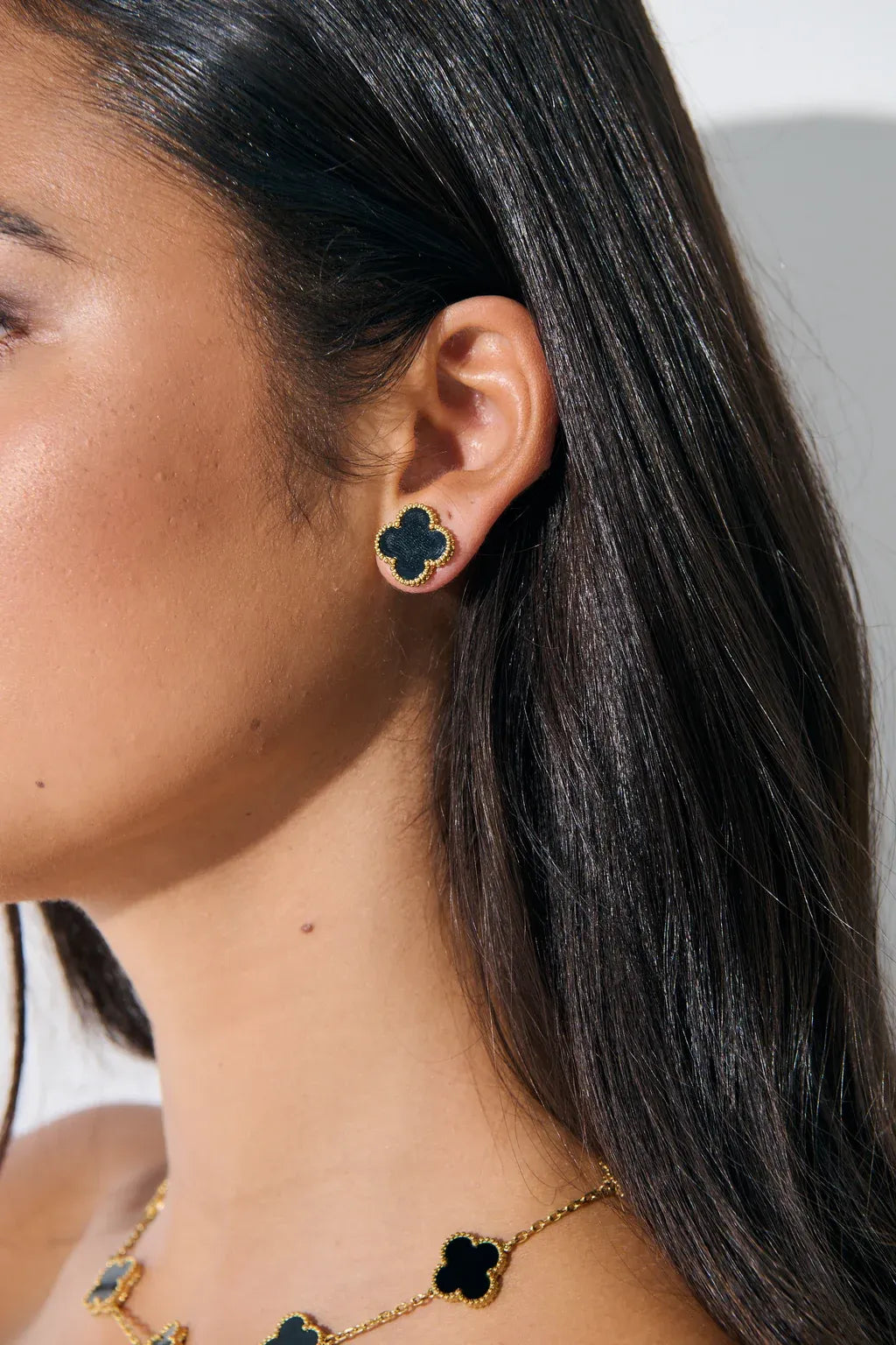 Alora Four-Leaf Black Clover Stud Earrings | Waterproof 18k Gold