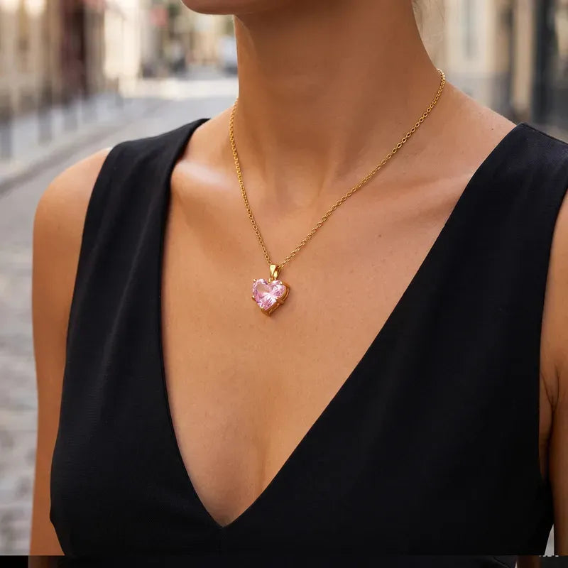 Sienna Pink Crystal Heart Necklace | Waterproof 18k Gold
