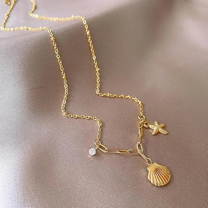 Aris Shell & Starfish Crystal Necklace | Waterproof 18k Gold