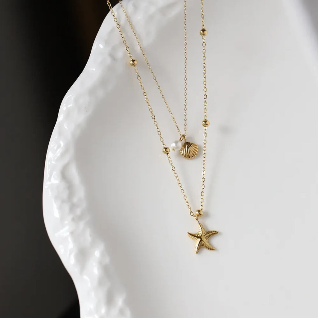 Evera Starfish Shell Double Layer Necklace | Waterproof 18k Gold