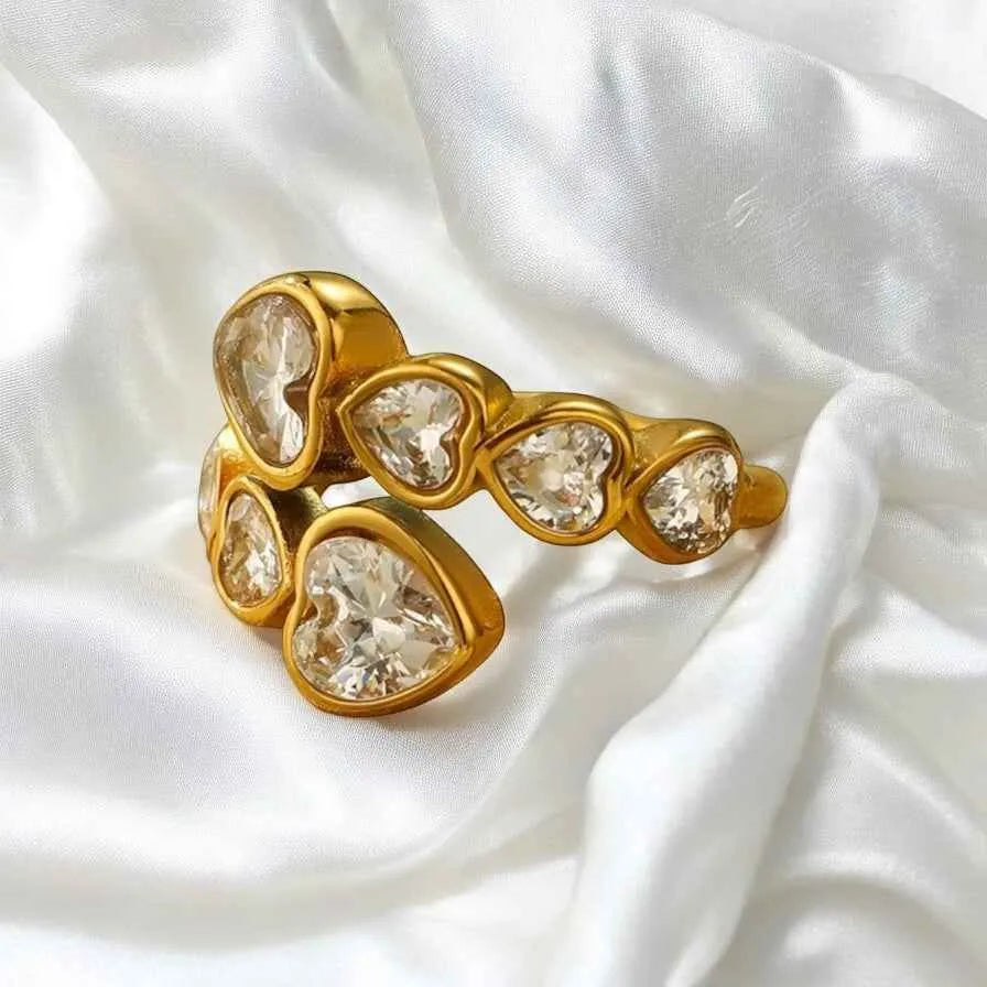 Ariana Crystal Hearts Wrap Adjustable Ring | Waterproof 18k Gold
