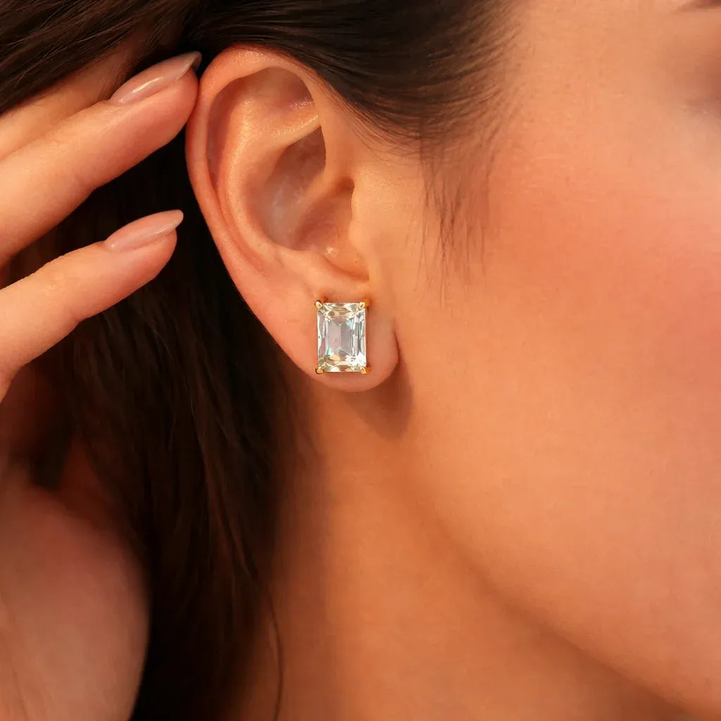 Cornelia Baguette Cut Crystal Solitaire Stud Earrings | Waterproof 18k Gold