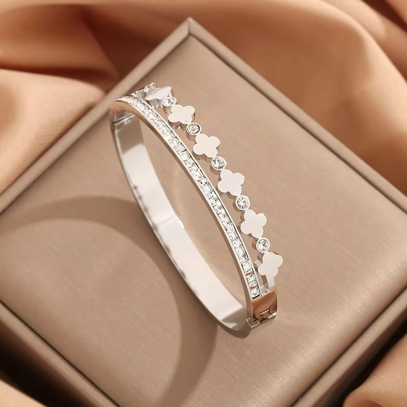 Riley CZ Row & Clover Hinged Bangle Bracelet | Waterproof Silver