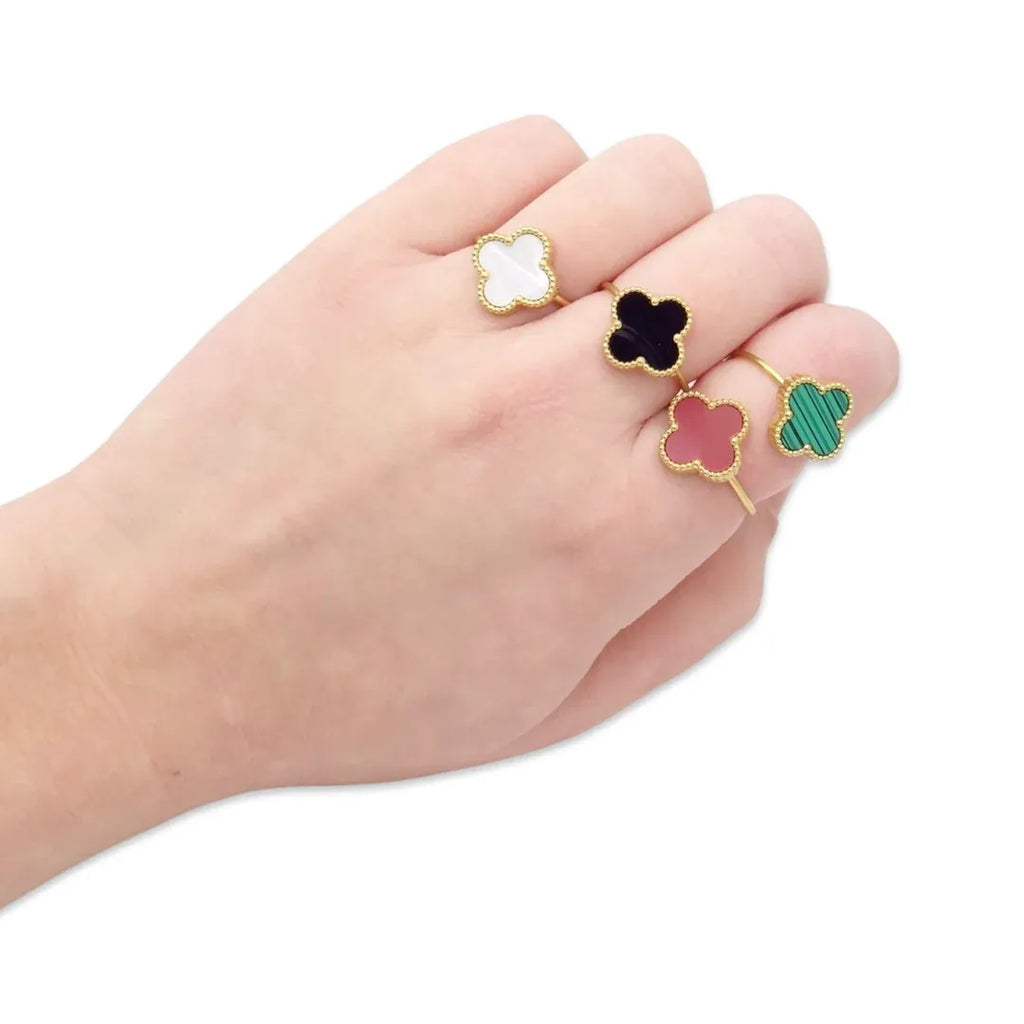 Alora Four-Leaf Red Clover Adjustable Ring | Waterproof 18k Gold