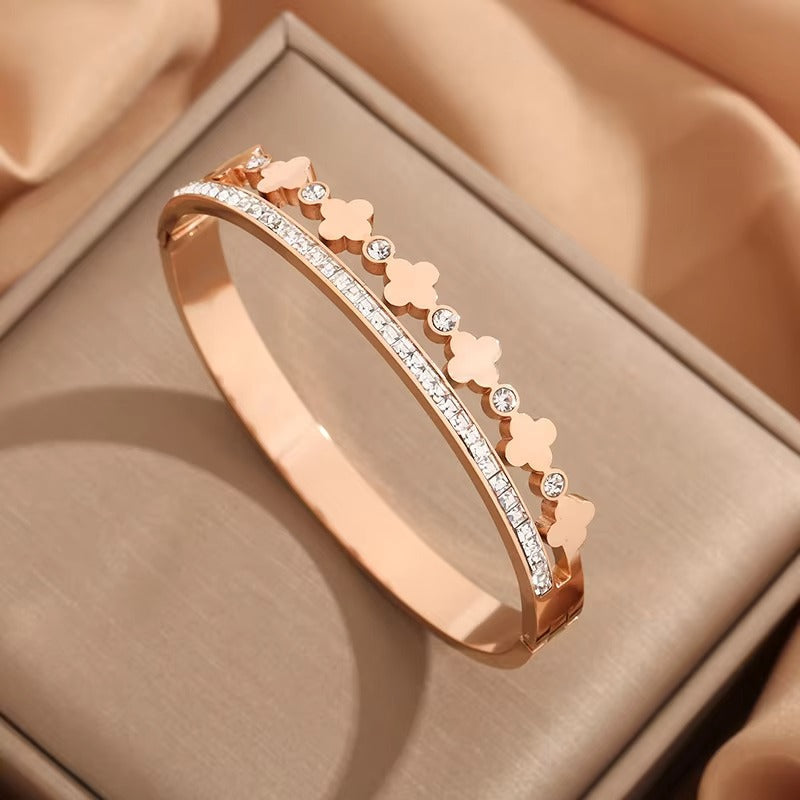 Riley CZ Row & Clover Hinged Bangle Bracelet