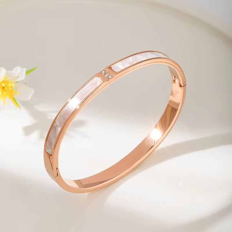 Erin	Mother of Pearl Hinged Bangle Bracelet | Waterproof 18K Gold & Rose-Gold