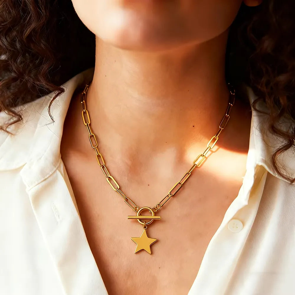 Tinah T-Bar Star Charm Chain Necklace | Waterproof 18k Gold