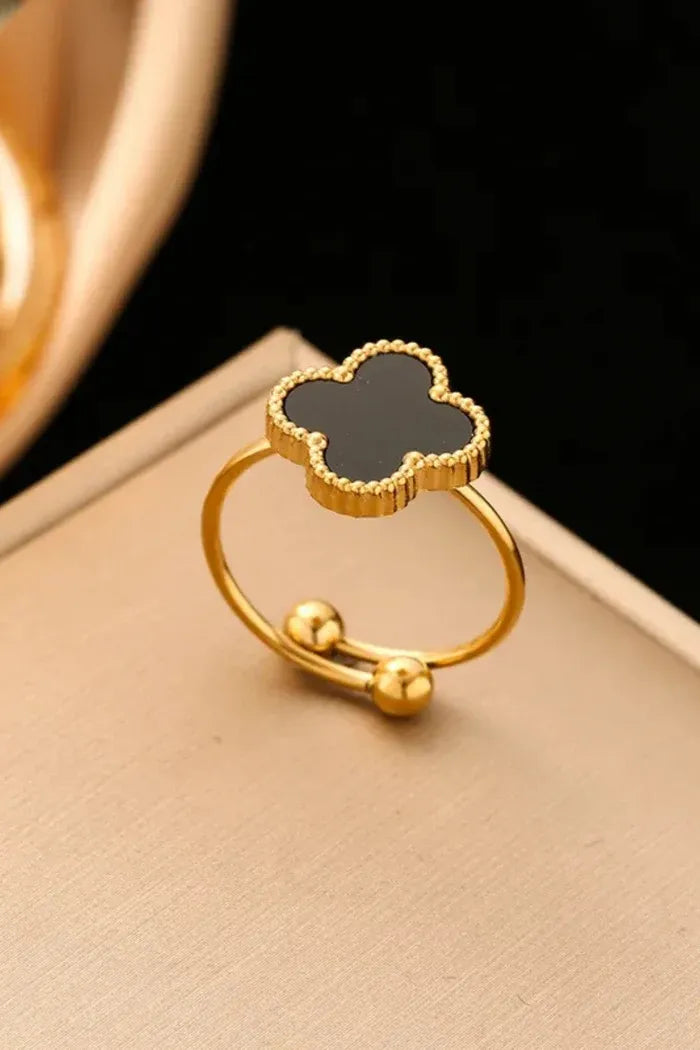 Alora Four-Leaf Black Clover Adjustable Ring | Waterproof 18k Gold