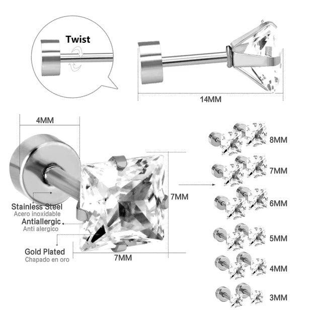Softwave Square Brilliant CZ Flat Back Studs - Gold & Silver