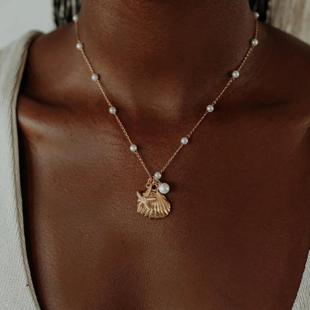 Ava Ocean Charm Pearl Necklace | Waterproof 18k Gold