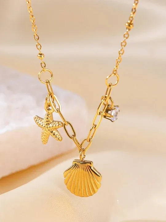 Aris Shell & Starfish Crystal Necklace | Waterproof 18k Gold