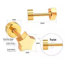 Amber Star Secure Screw-Back Studs suitable for lobe, helix & multiple ear piercings