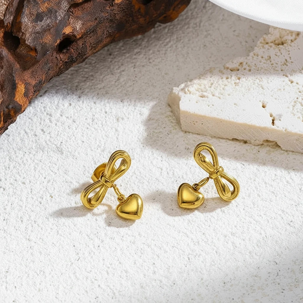 Blythe Bow & Heart Drop Earrings | Waterproof 18k Gold