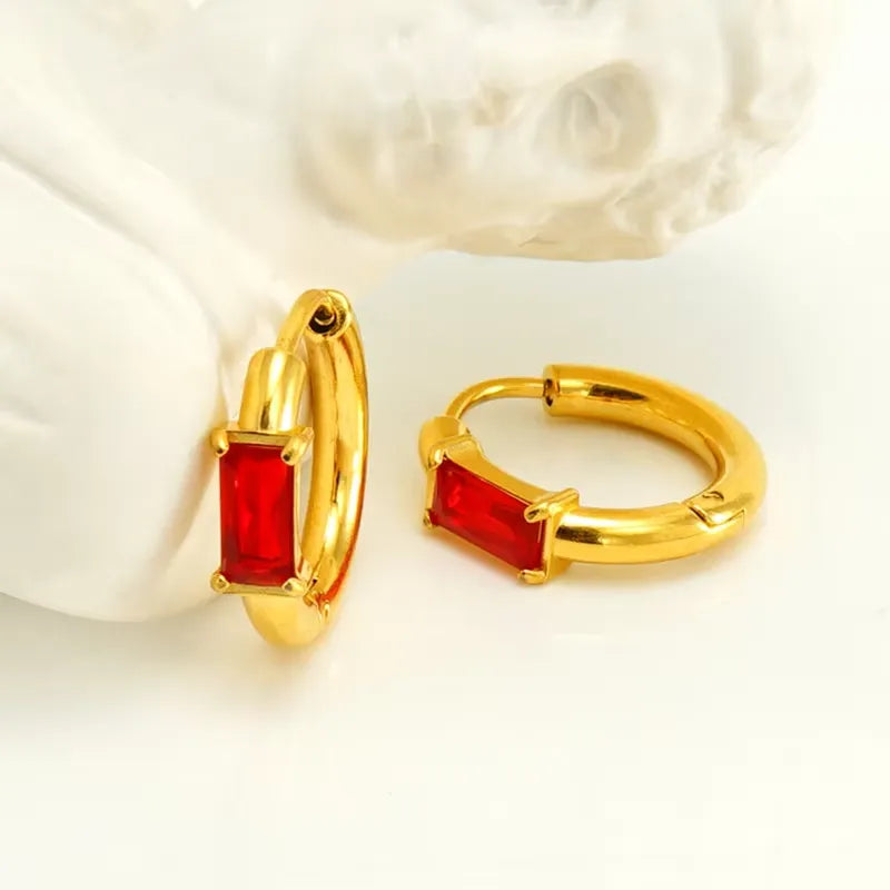 Amara Baguette Red Ruby Huggie Earrings | Waterproof 18k Gold