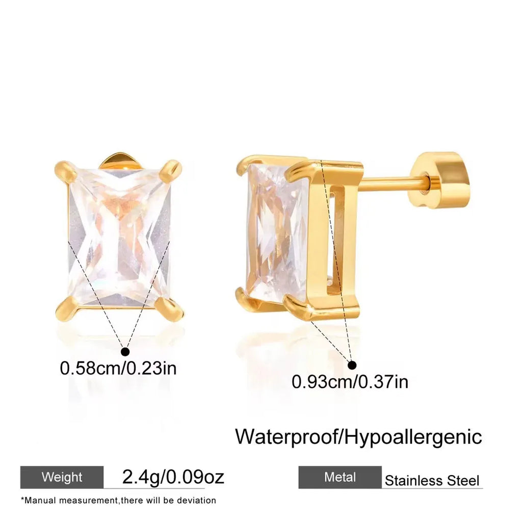 Cornelia Baguette Cut Crystal Solitaire Stud Earrings | Waterproof 18k Gold