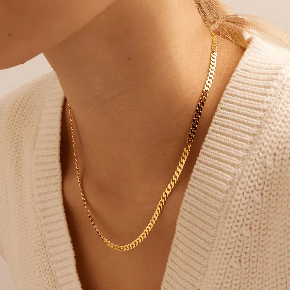 Belerose Flat Curb Chain Necklace | Waterproof 18k Gold