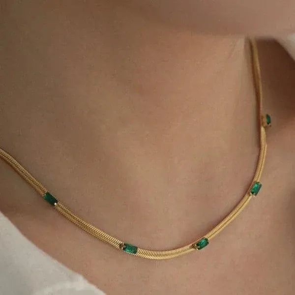 Evelis Emerald Baguette Station Snake Chain Necklace | Waterproof 18k Gold