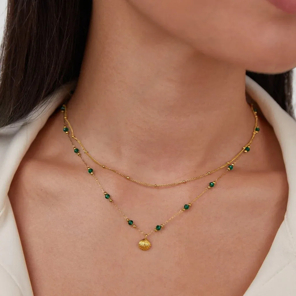 Bryony Green Beads Shell Necklace | Waterproof 18k Gold