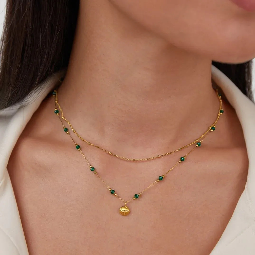 Bryony Green Beads Shell Necklace | Waterproof 18k Gold