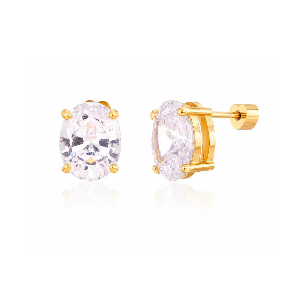 Cyprian Oval Cut Crystal Solitaire Stud Earrings | Waterproof 18k Gold