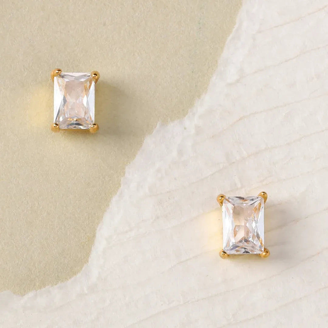 Cornelia Baguette Cut Crystal Solitaire Stud Earrings | Waterproof 18k Gold