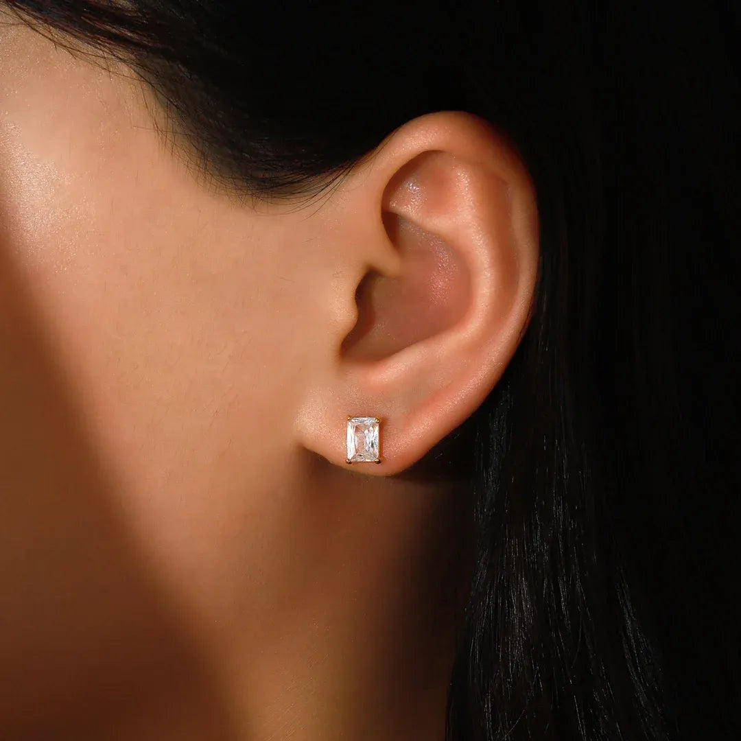 Cornelia Baguette Cut Crystal Solitaire Stud Earrings | Waterproof 18k Gold