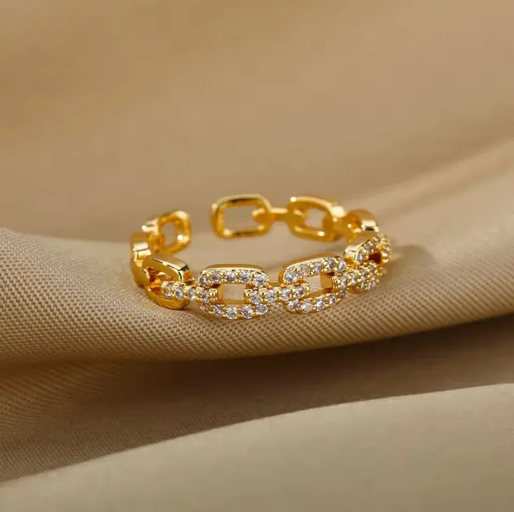 Bianca Crystal Chain Open Ring | Waterproof 18k Gold