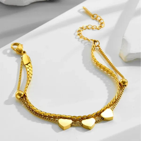 Bayla Heart Trio Double Chain Bracelet | Waterproof 18k Gold