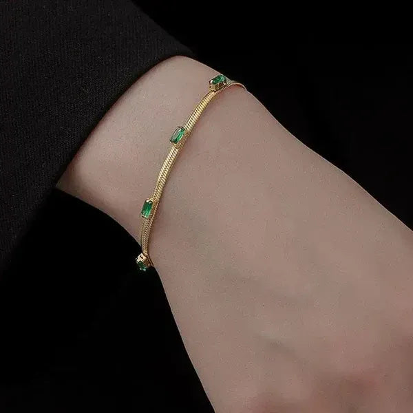 Evelis Emerald Baguette Station Snake Chain Bracelet | Waterproof 18k Gold